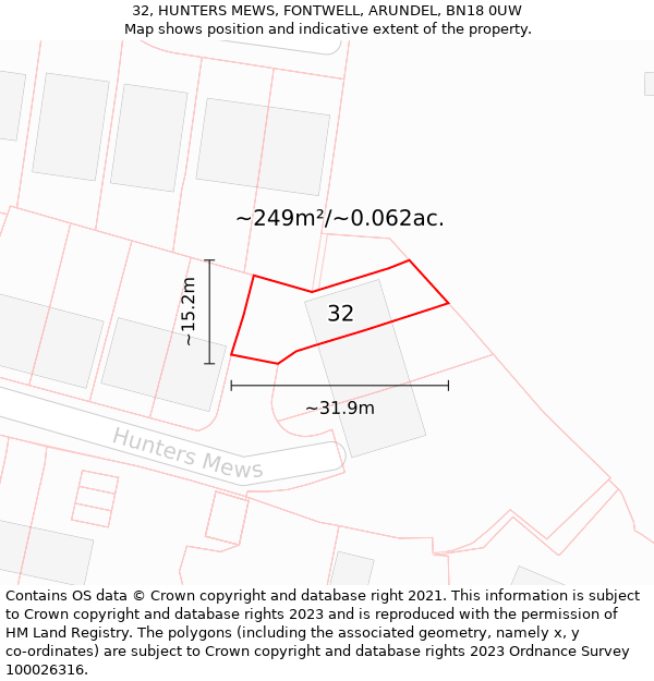 32, HUNTERS MEWS, FONTWELL, ARUNDEL, BN18 0UW: Plot and title map