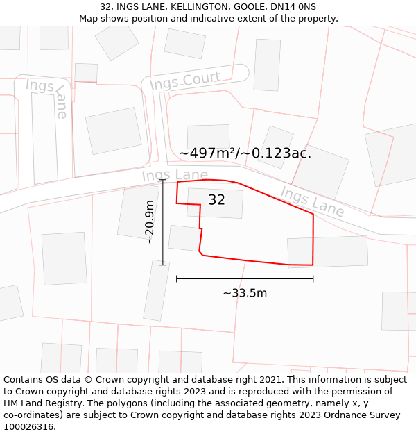 32, INGS LANE, KELLINGTON, GOOLE, DN14 0NS: Plot and title map