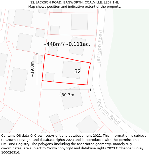 32, JACKSON ROAD, BAGWORTH, COALVILLE, LE67 1HL: Plot and title map