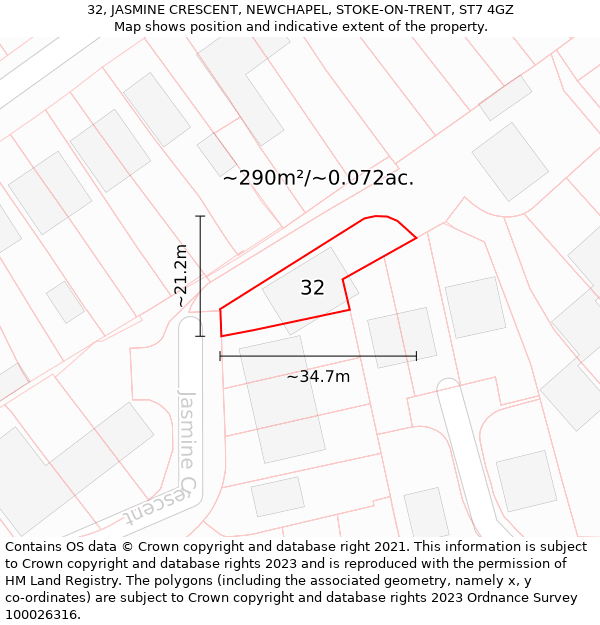 32, JASMINE CRESCENT, NEWCHAPEL, STOKE-ON-TRENT, ST7 4GZ: Plot and title map