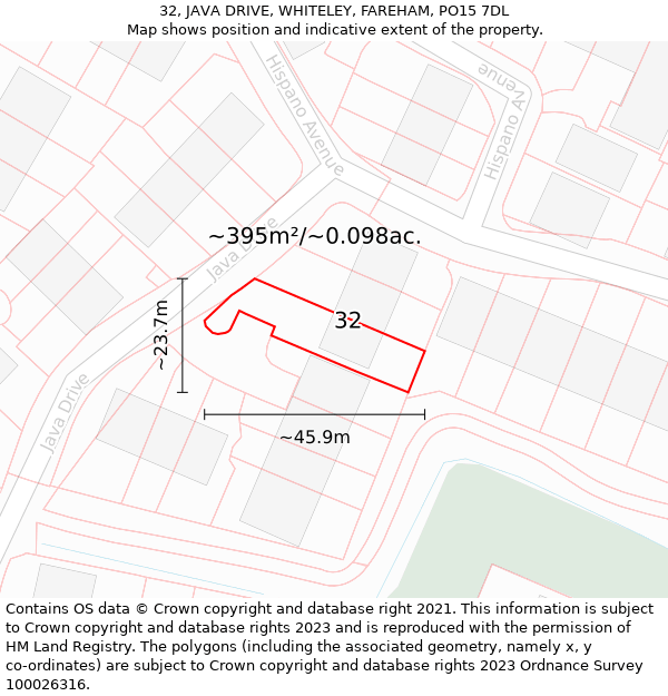 32, JAVA DRIVE, WHITELEY, FAREHAM, PO15 7DL: Plot and title map