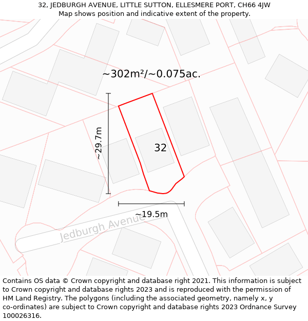 32, JEDBURGH AVENUE, LITTLE SUTTON, ELLESMERE PORT, CH66 4JW: Plot and title map