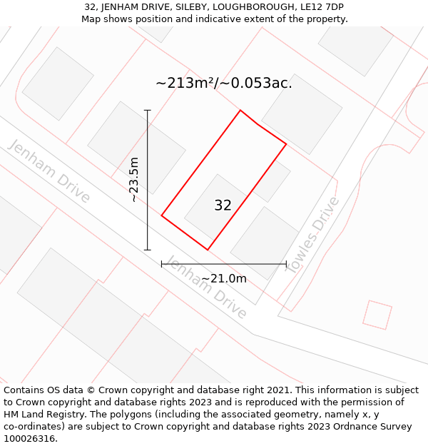 32, JENHAM DRIVE, SILEBY, LOUGHBOROUGH, LE12 7DP: Plot and title map