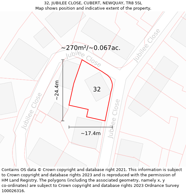 32, JUBILEE CLOSE, CUBERT, NEWQUAY, TR8 5SL: Plot and title map