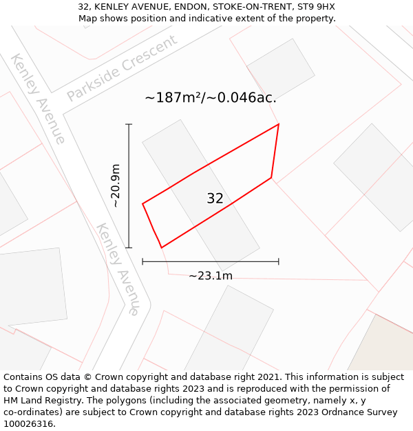 32, KENLEY AVENUE, ENDON, STOKE-ON-TRENT, ST9 9HX: Plot and title map