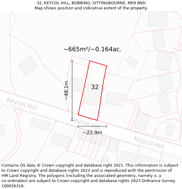 32, KEYCOL HILL, BOBBING, SITTINGBOURNE, ME9 8ND: Plot and title map