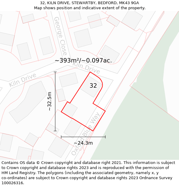 32, KILN DRIVE, STEWARTBY, BEDFORD, MK43 9GA: Plot and title map