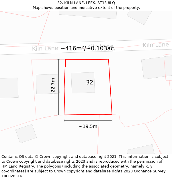 32, KILN LANE, LEEK, ST13 8LQ: Plot and title map