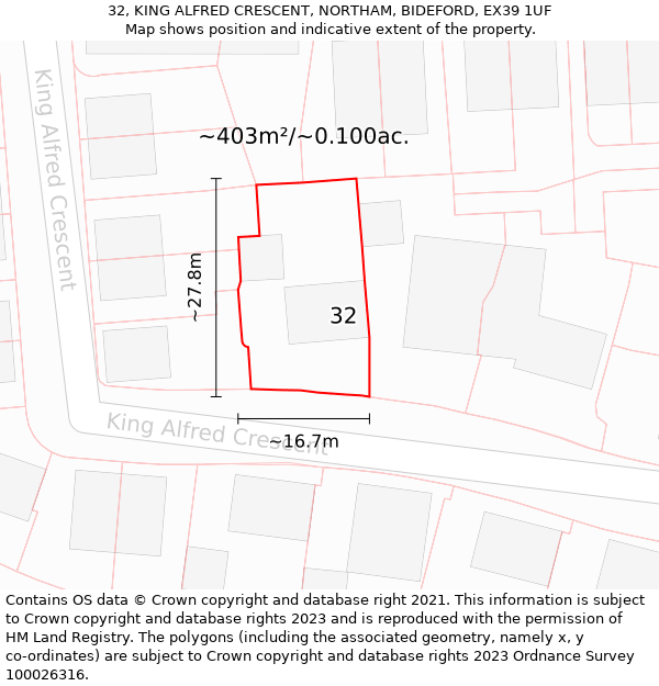 32, KING ALFRED CRESCENT, NORTHAM, BIDEFORD, EX39 1UF: Plot and title map