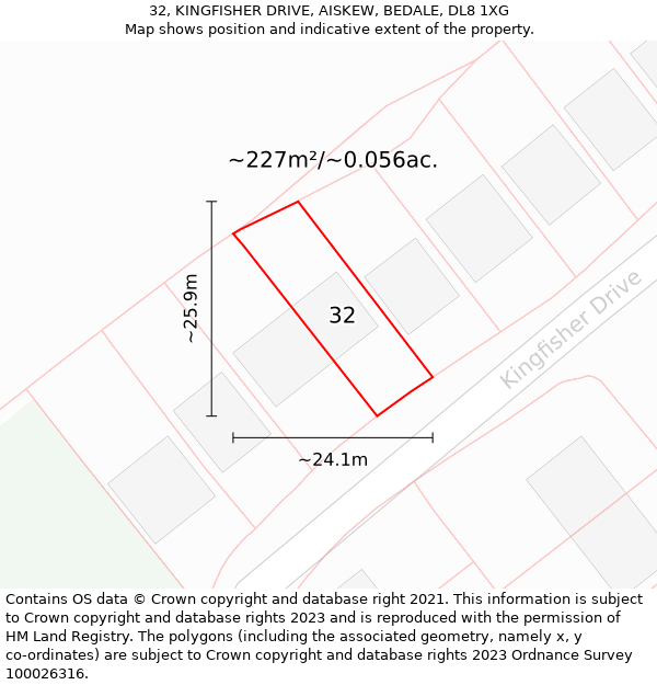 32, KINGFISHER DRIVE, AISKEW, BEDALE, DL8 1XG: Plot and title map