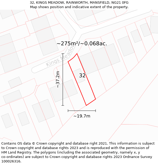 32, KINGS MEADOW, RAINWORTH, MANSFIELD, NG21 0FG: Plot and title map