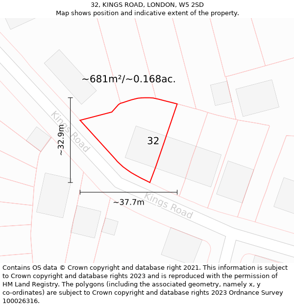 32, KINGS ROAD, LONDON, W5 2SD: Plot and title map