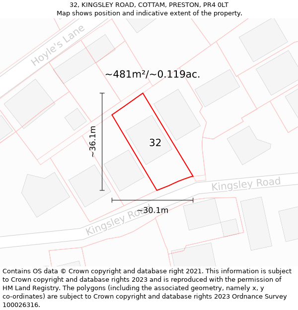 32, KINGSLEY ROAD, COTTAM, PRESTON, PR4 0LT: Plot and title map