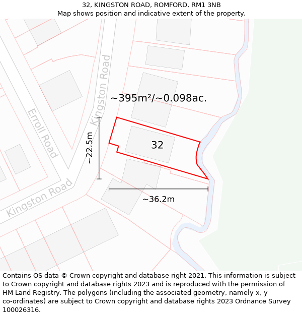32, KINGSTON ROAD, ROMFORD, RM1 3NB: Plot and title map
