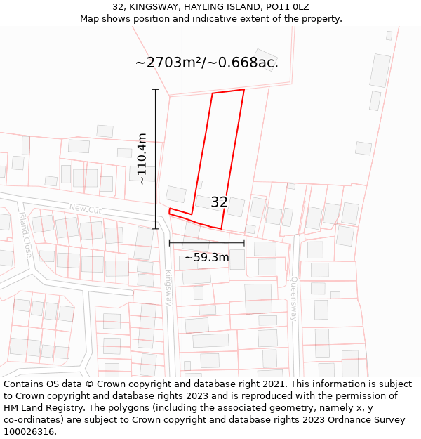 32, KINGSWAY, HAYLING ISLAND, PO11 0LZ: Plot and title map