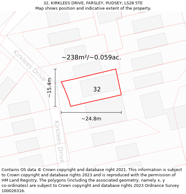 32, KIRKLEES DRIVE, FARSLEY, PUDSEY, LS28 5TE: Plot and title map