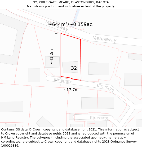 32, KIRLE GATE, MEARE, GLASTONBURY, BA6 9TA: Plot and title map