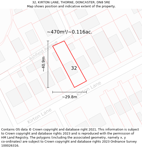 32, KIRTON LANE, THORNE, DONCASTER, DN8 5RE: Plot and title map