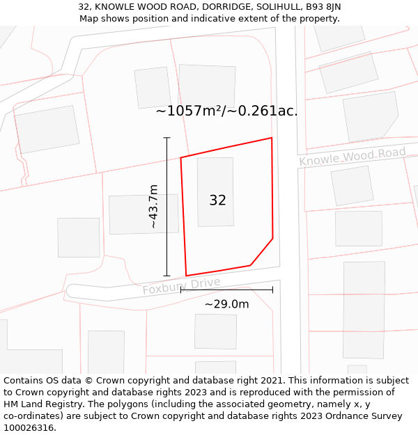 32, KNOWLE WOOD ROAD, DORRIDGE, SOLIHULL, B93 8JN: Plot and title map