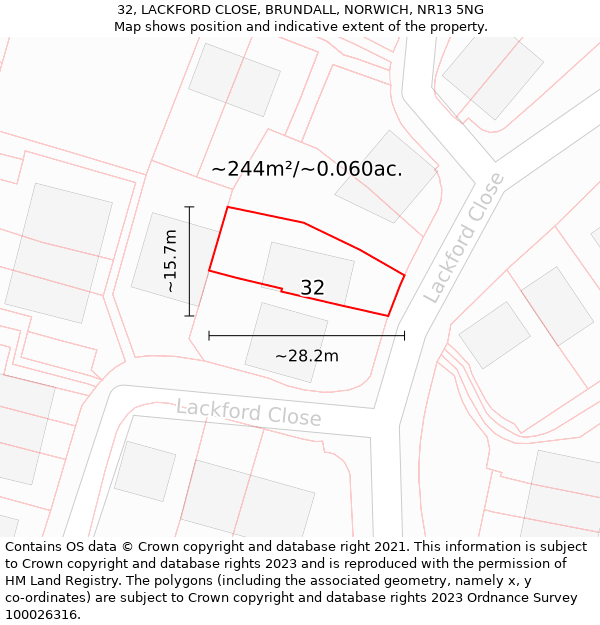 32, LACKFORD CLOSE, BRUNDALL, NORWICH, NR13 5NG: Plot and title map