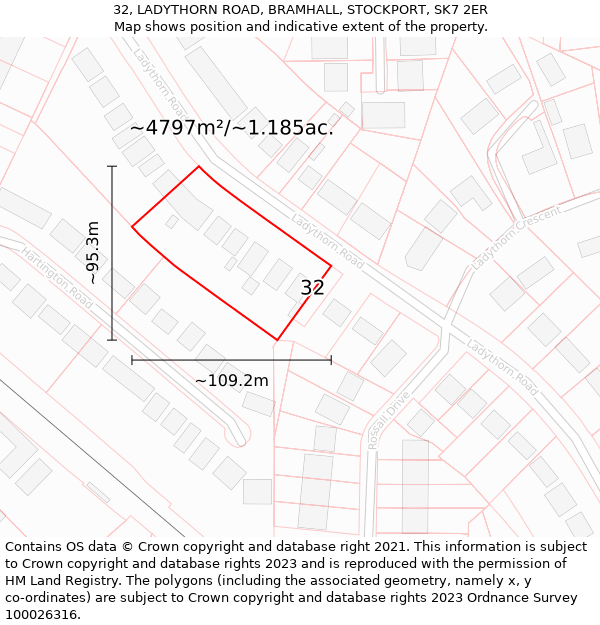 32, LADYTHORN ROAD, BRAMHALL, STOCKPORT, SK7 2ER: Plot and title map