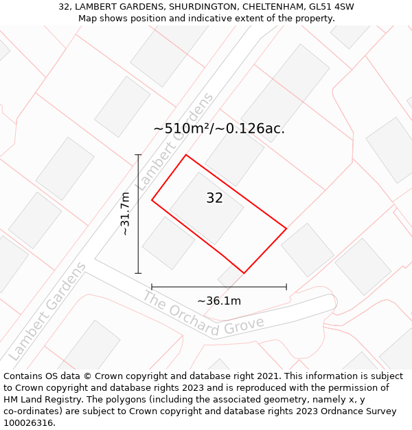 32, LAMBERT GARDENS, SHURDINGTON, CHELTENHAM, GL51 4SW: Plot and title map