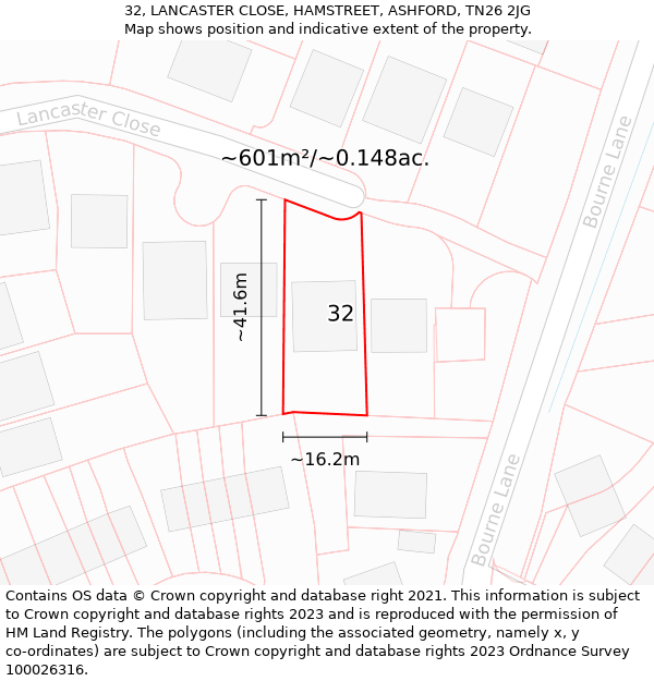 32, LANCASTER CLOSE, HAMSTREET, ASHFORD, TN26 2JG: Plot and title map