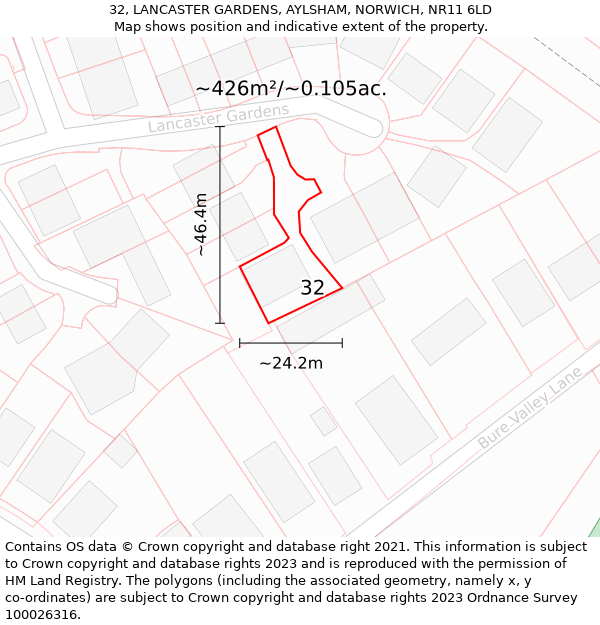 32, LANCASTER GARDENS, AYLSHAM, NORWICH, NR11 6LD: Plot and title map