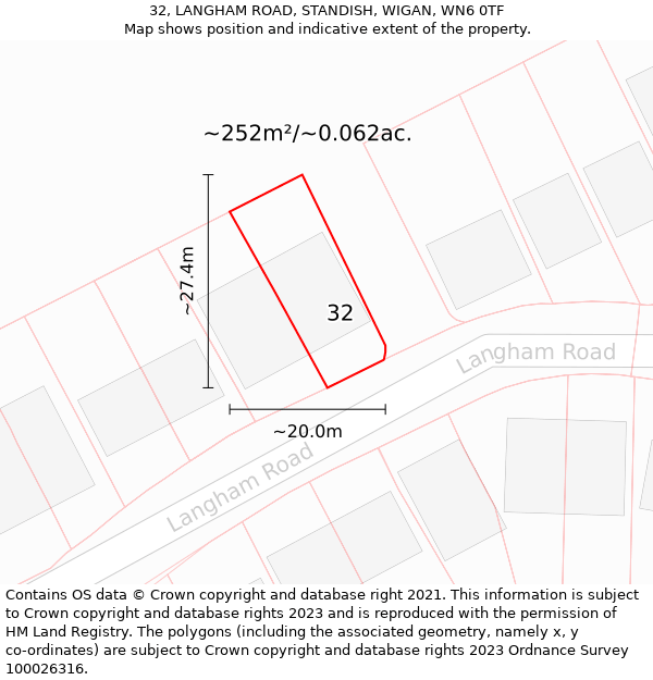 32, LANGHAM ROAD, STANDISH, WIGAN, WN6 0TF: Plot and title map