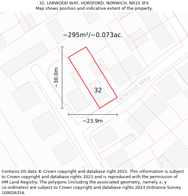 32, LARWOOD WAY, HORSFORD, NORWICH, NR10 3FX: Plot and title map