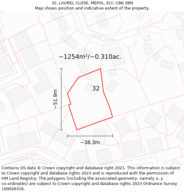 32, LAUREL CLOSE, MEPAL, ELY, CB6 2BN: Plot and title map