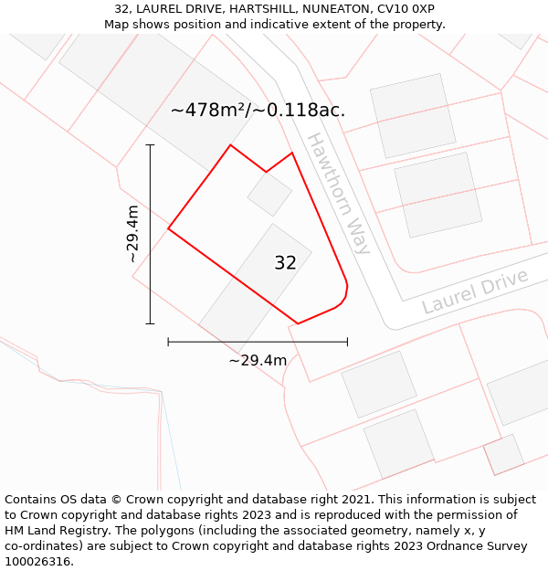 32, LAUREL DRIVE, HARTSHILL, NUNEATON, CV10 0XP: Plot and title map