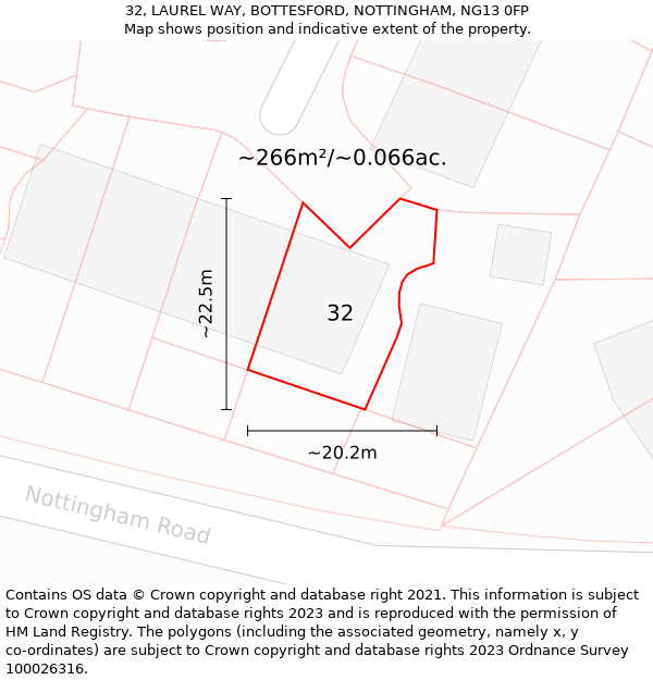 32, LAUREL WAY, BOTTESFORD, NOTTINGHAM, NG13 0FP: Plot and title map