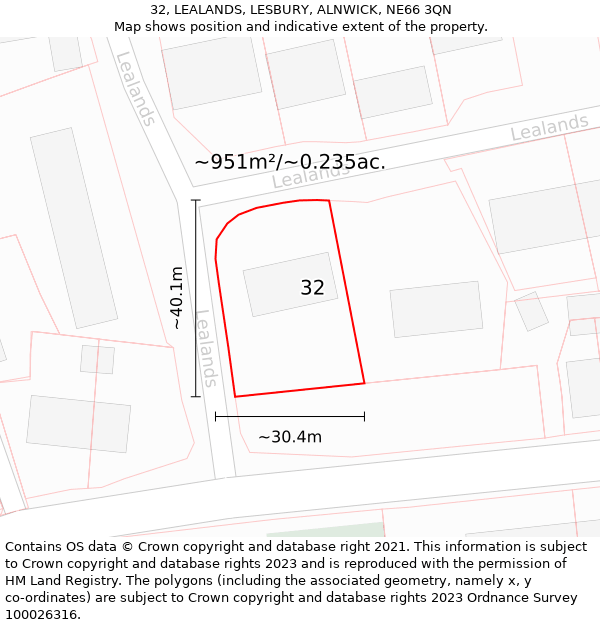 32, LEALANDS, LESBURY, ALNWICK, NE66 3QN: Plot and title map