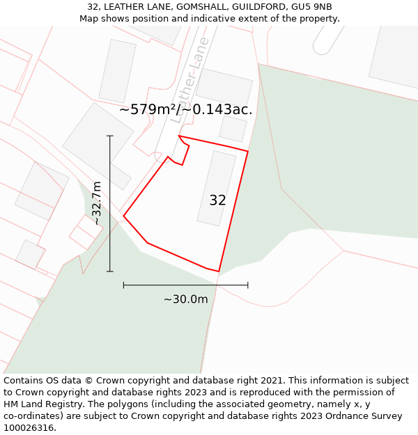 32, LEATHER LANE, GOMSHALL, GUILDFORD, GU5 9NB: Plot and title map