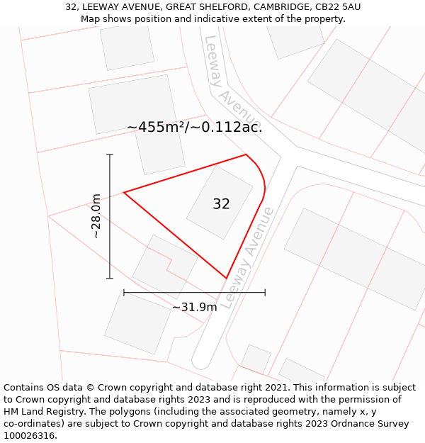 32, LEEWAY AVENUE, GREAT SHELFORD, CAMBRIDGE, CB22 5AU: Plot and title map