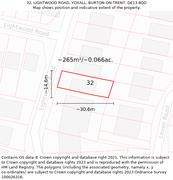 32, LIGHTWOOD ROAD, YOXALL, BURTON-ON-TRENT, DE13 8QD: Plot and title map