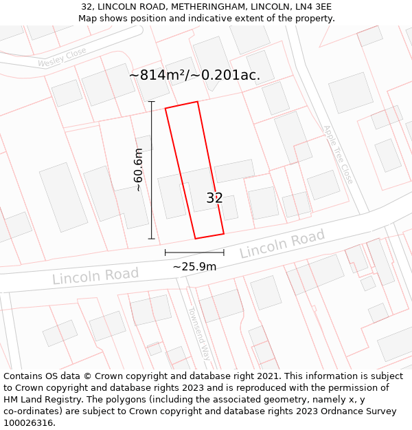 32, LINCOLN ROAD, METHERINGHAM, LINCOLN, LN4 3EE: Plot and title map