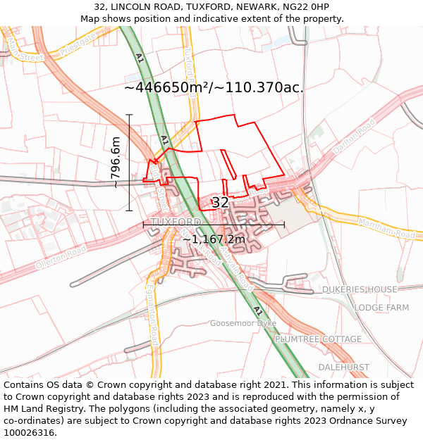 32, LINCOLN ROAD, TUXFORD, NEWARK, NG22 0HP: Plot and title map