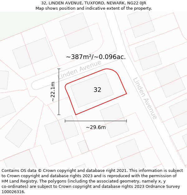 32, LINDEN AVENUE, TUXFORD, NEWARK, NG22 0JR: Plot and title map