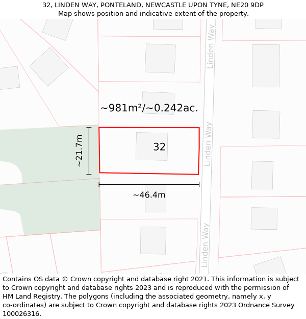 32, LINDEN WAY, PONTELAND, NEWCASTLE UPON TYNE, NE20 9DP: Plot and title map