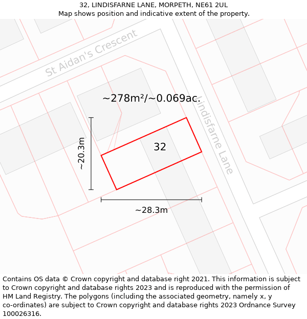 32, LINDISFARNE LANE, MORPETH, NE61 2UL: Plot and title map