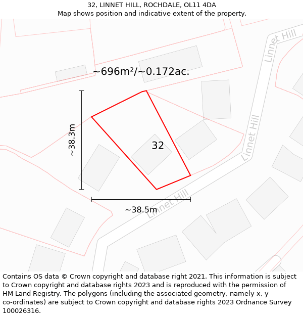 32, LINNET HILL, ROCHDALE, OL11 4DA: Plot and title map