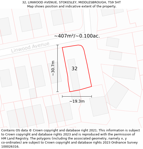 32, LINWOOD AVENUE, STOKESLEY, MIDDLESBROUGH, TS9 5HT: Plot and title map