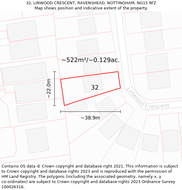 32, LINWOOD CRESCENT, RAVENSHEAD, NOTTINGHAM, NG15 9FZ: Plot and title map