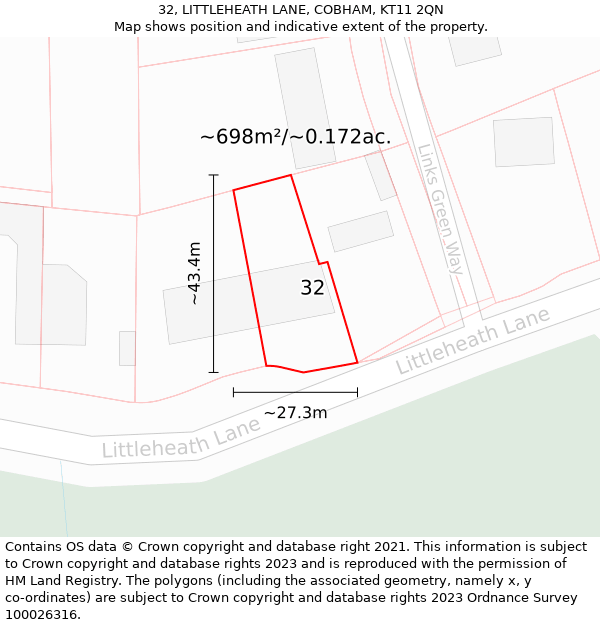 32, LITTLEHEATH LANE, COBHAM, KT11 2QN: Plot and title map