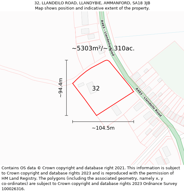 32, LLANDEILO ROAD, LLANDYBIE, AMMANFORD, SA18 3JB: Plot and title map