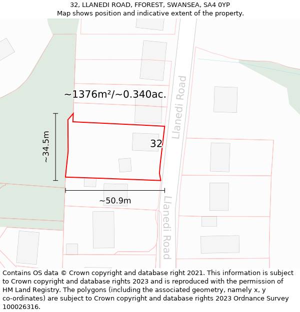 32, LLANEDI ROAD, FFOREST, SWANSEA, SA4 0YP: Plot and title map