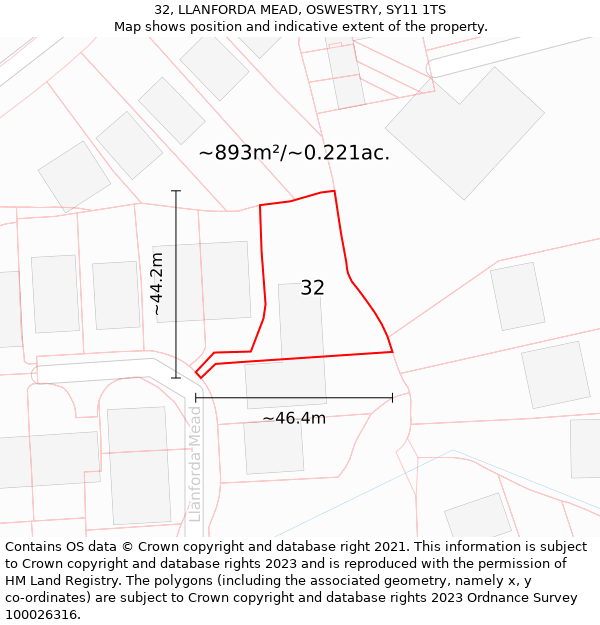 32, LLANFORDA MEAD, OSWESTRY, SY11 1TS: Plot and title map