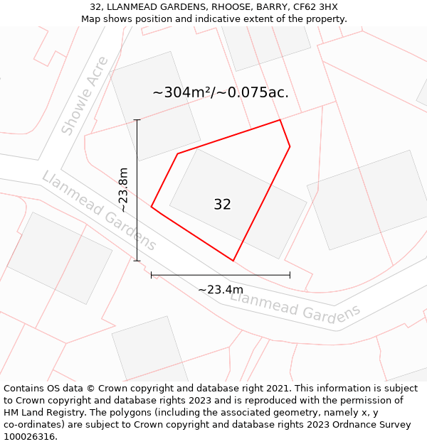 32, LLANMEAD GARDENS, RHOOSE, BARRY, CF62 3HX: Plot and title map